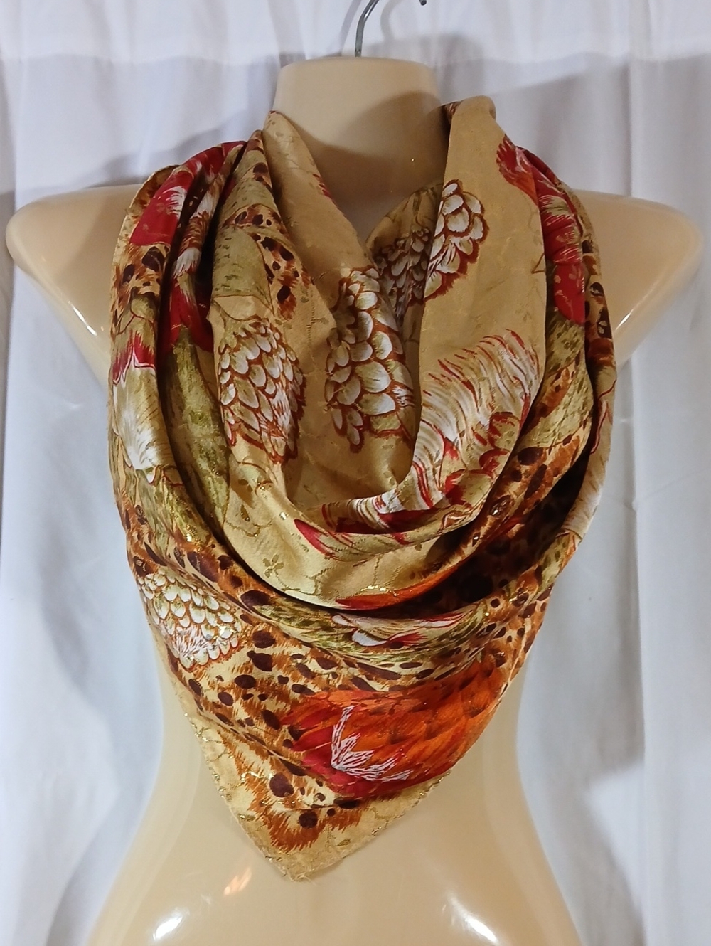 Womens Floral Silk Scarf Metallic Gold 34 Inch Square Orange Red